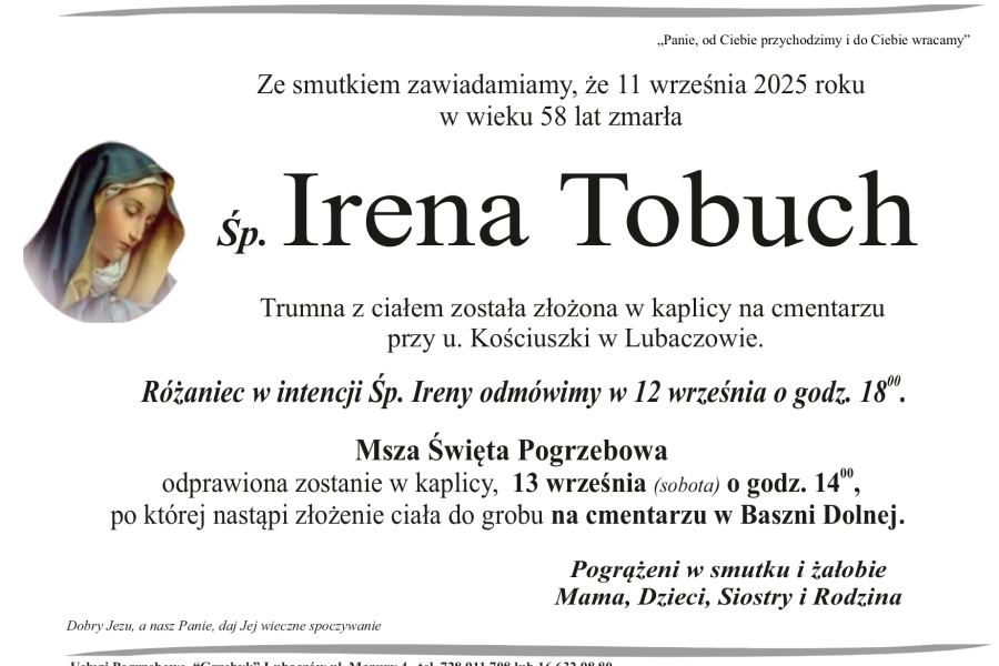 Zmarła Irena Tobuch [58 lat]